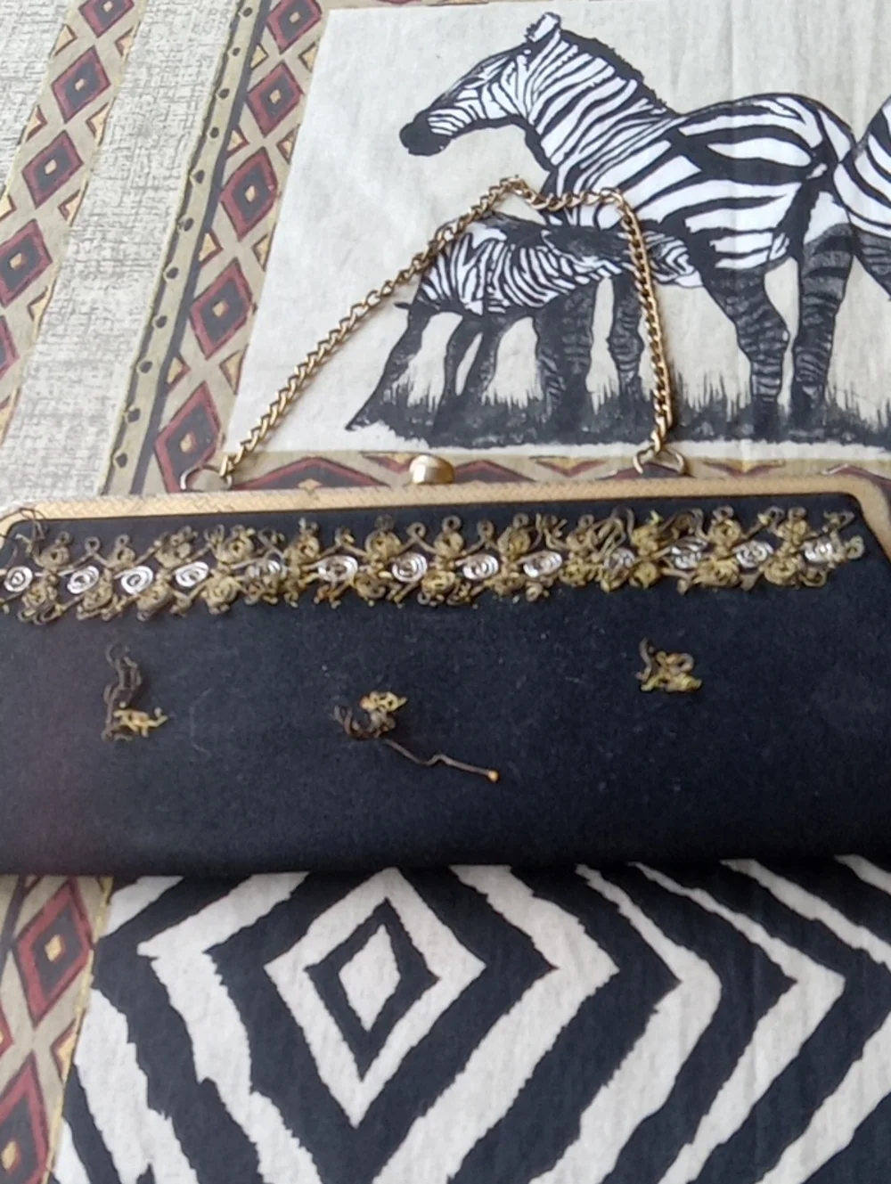 Black Embellished Evening Clutch with Gold Chain